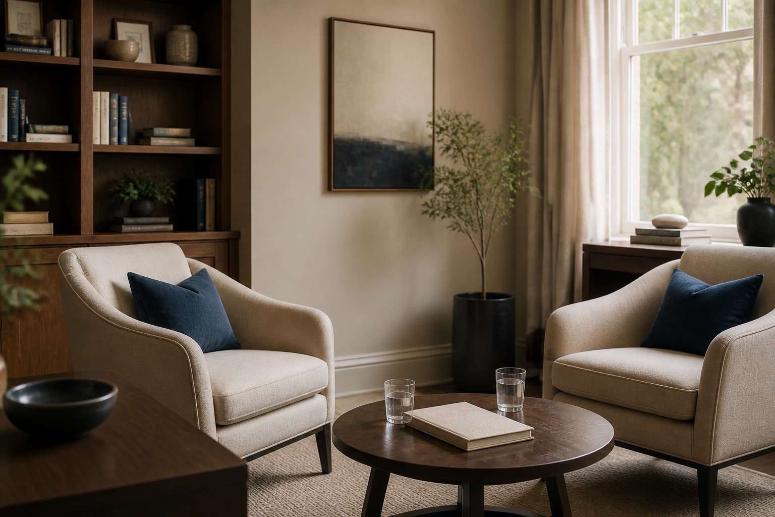 A private consultation room prepared for a confidential conversation.