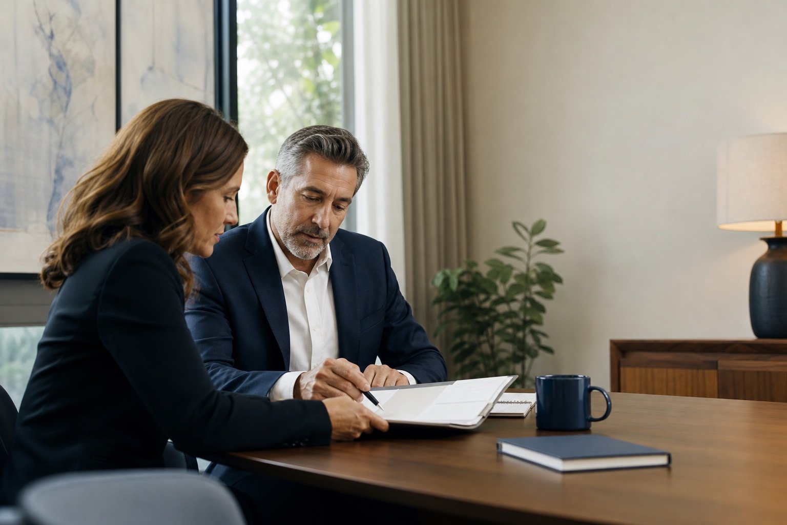 Two professionals reviewing a carefully organized plan at a table.