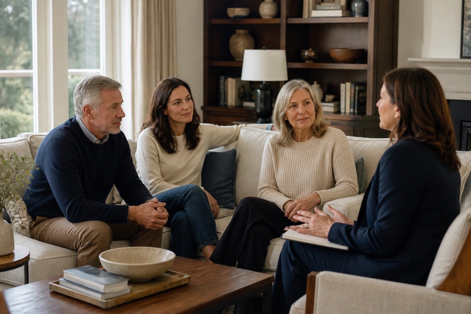 Adult family members having a calm, constructive conversation with a professional.