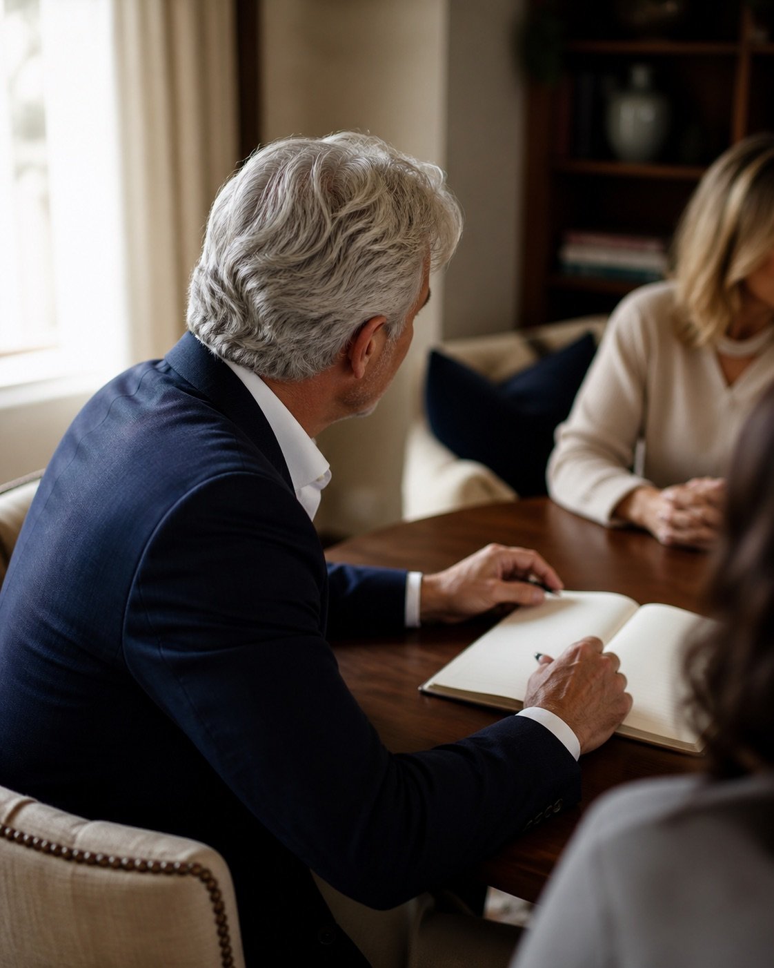 A discreet editorial image representing an experienced intervention professional in a private consultation.