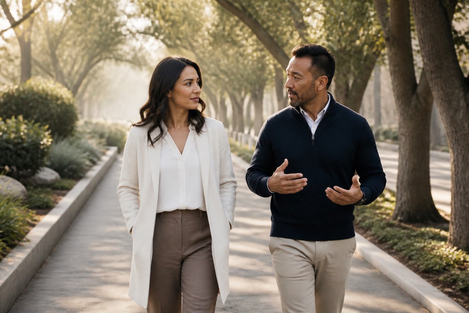 A recovery coach and client walking together in quiet conversation.