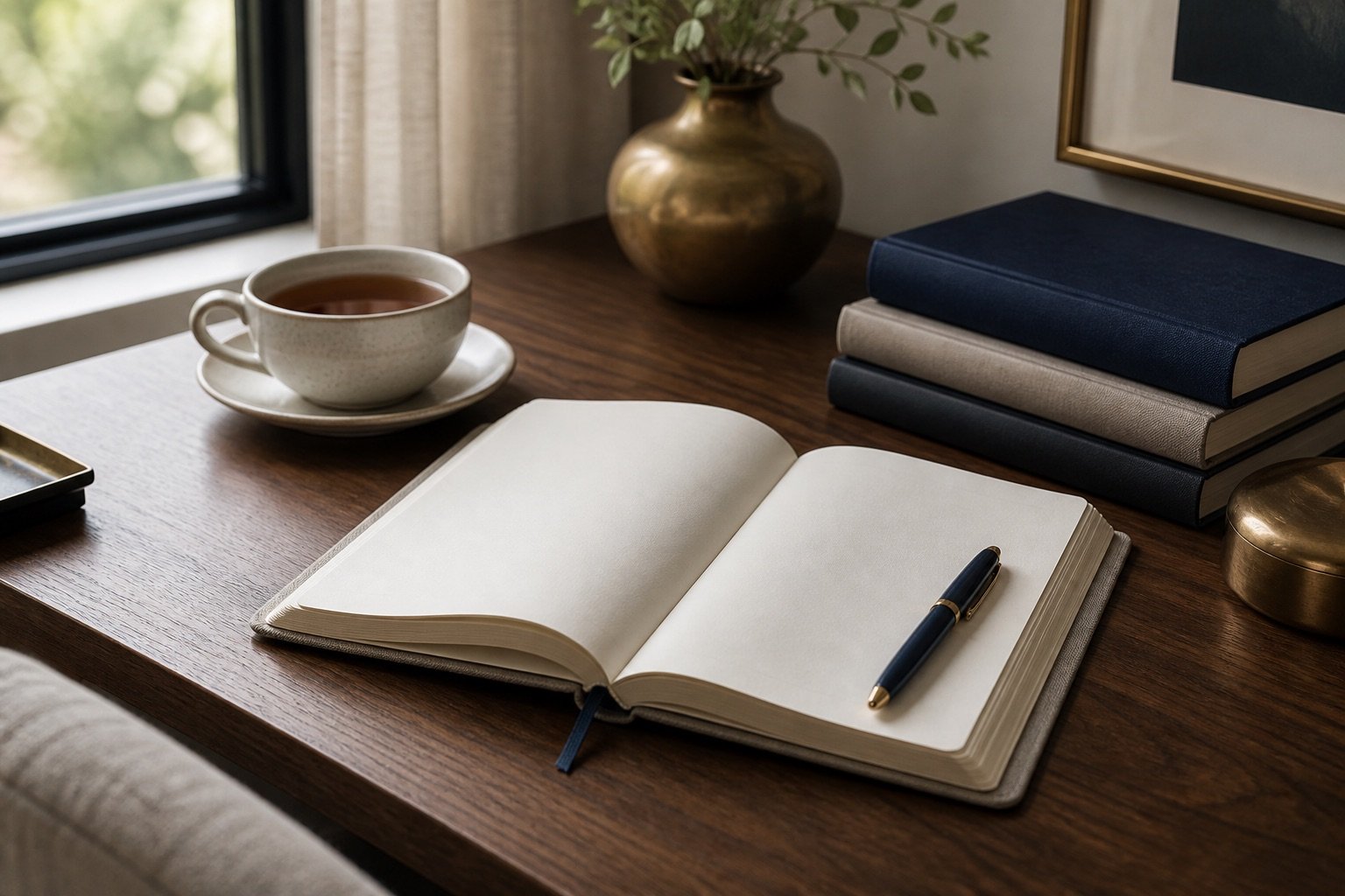 A notebook and reference materials arranged on a quiet desk.