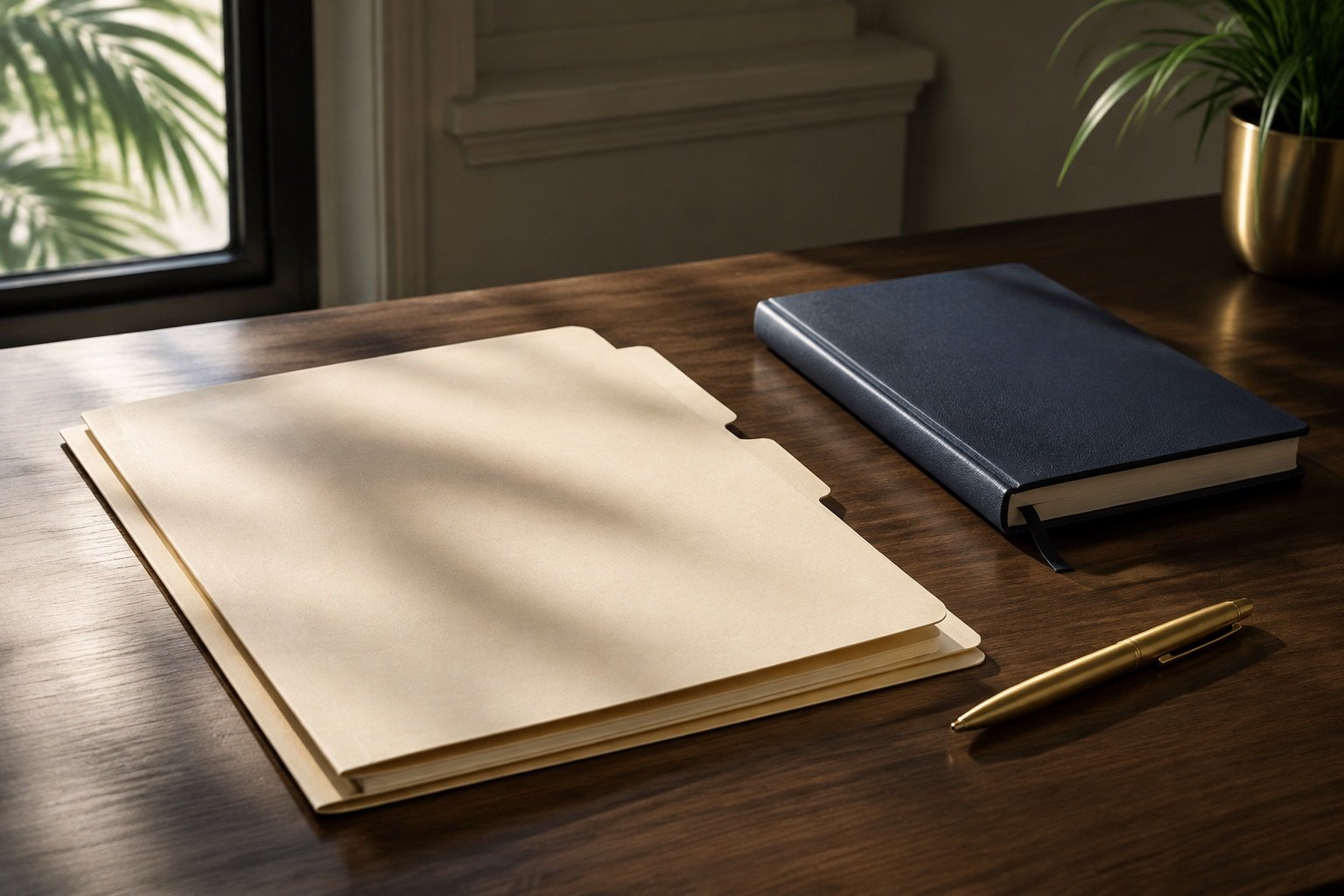 An organized legal folder, navy notebook, and pen on a sunlit South Florida desk.