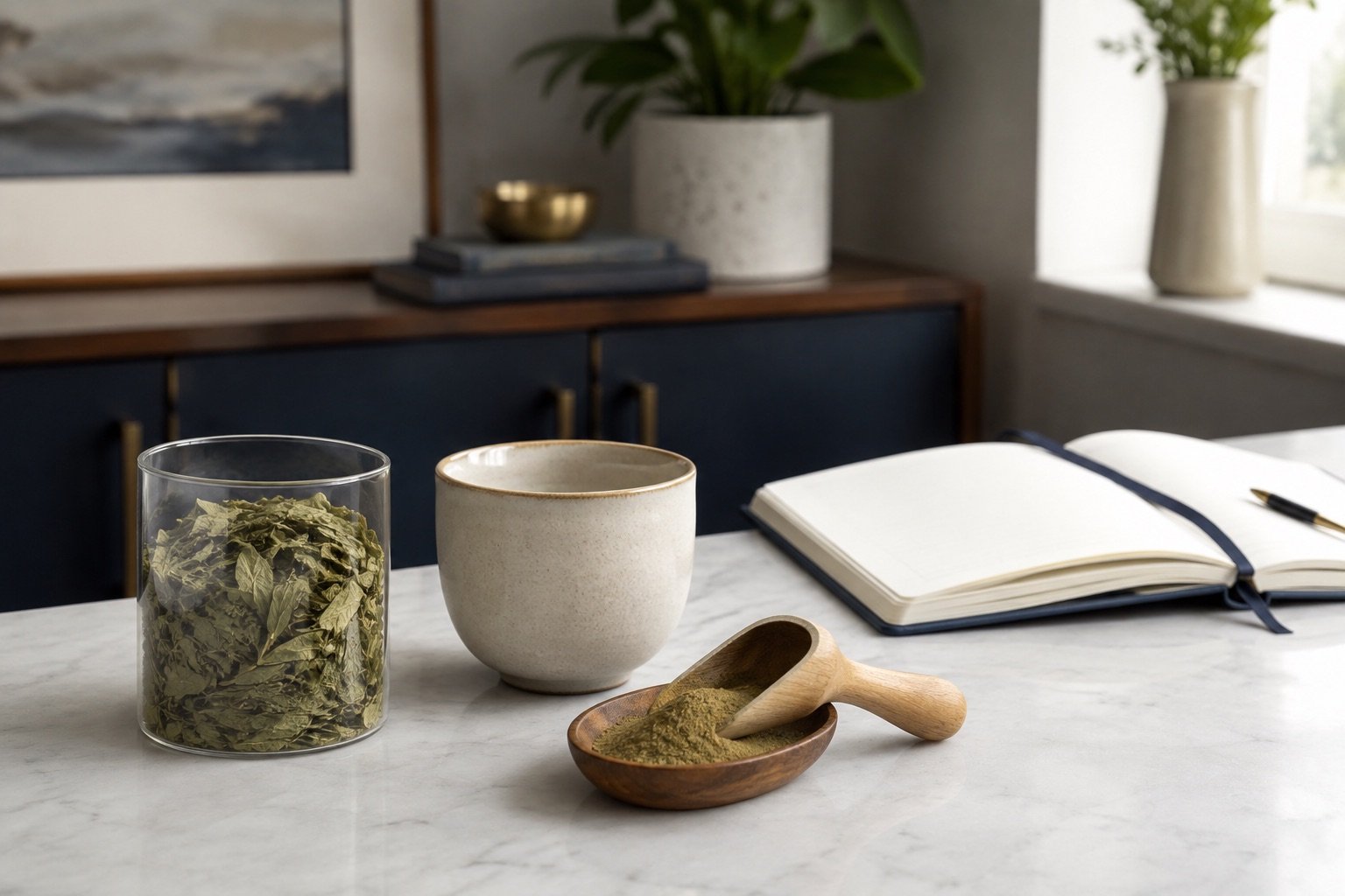 Dried botanical leaves and powder set apart from an open recovery-planning notebook.