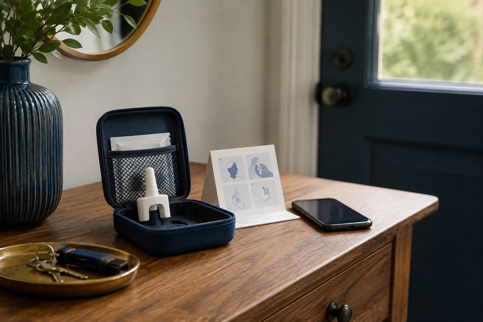 An accessible nasal-spray emergency kit, instructions, and phone prepared on a home entry table.