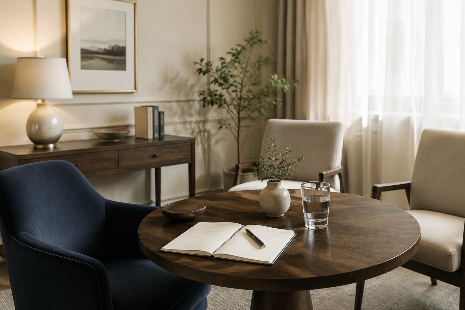 A private consultation room arranged for a calm, prepared family conversation.
