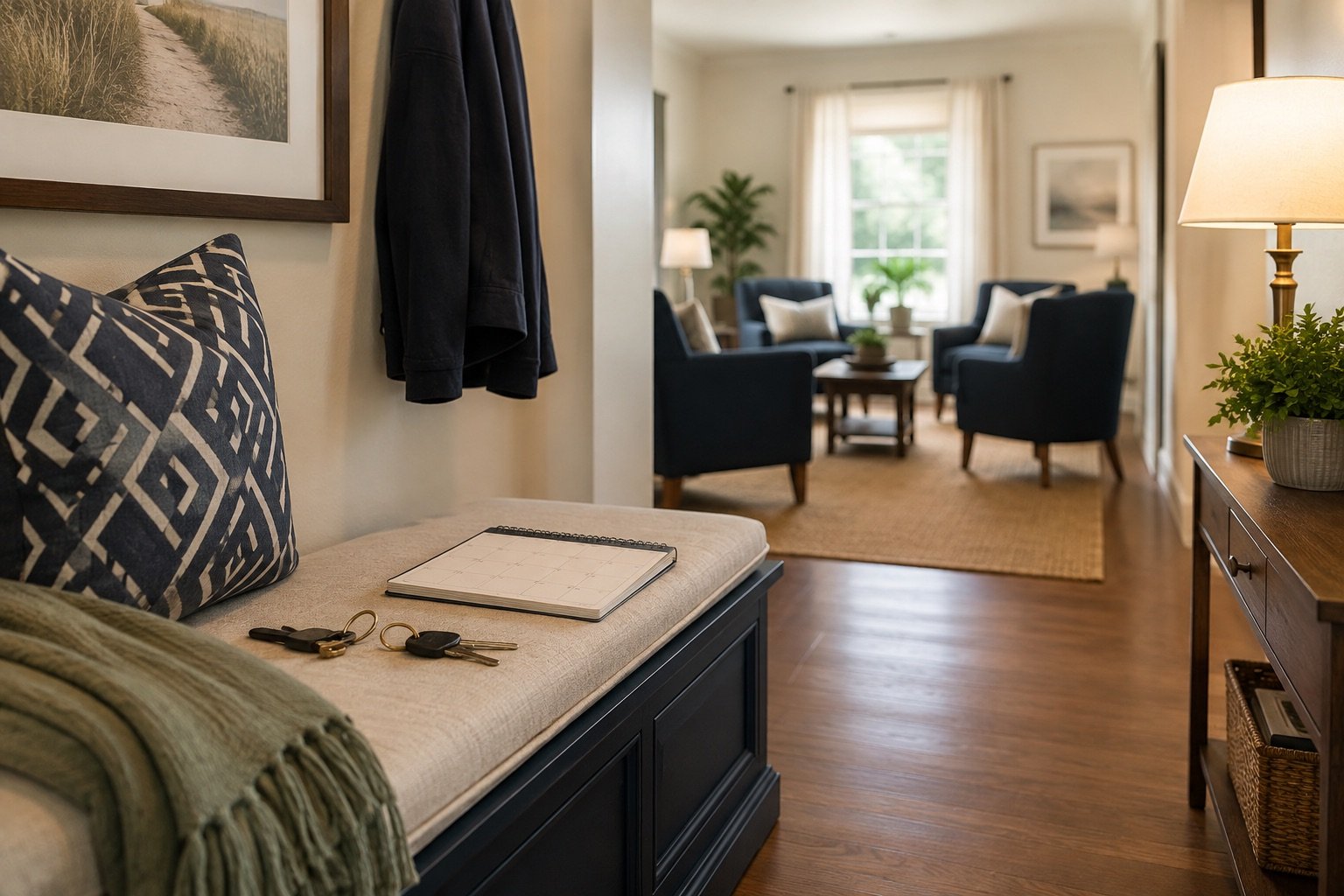 House keys and a weekly planner at the entrance to a calm shared residence.