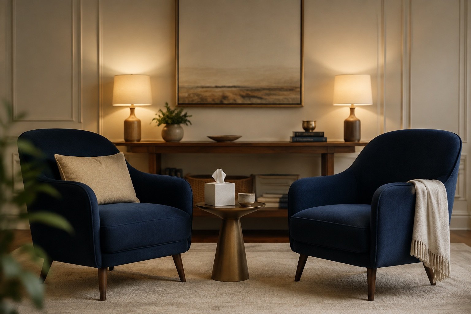 Two navy chairs in a quiet therapy office arranged for a private conversation.