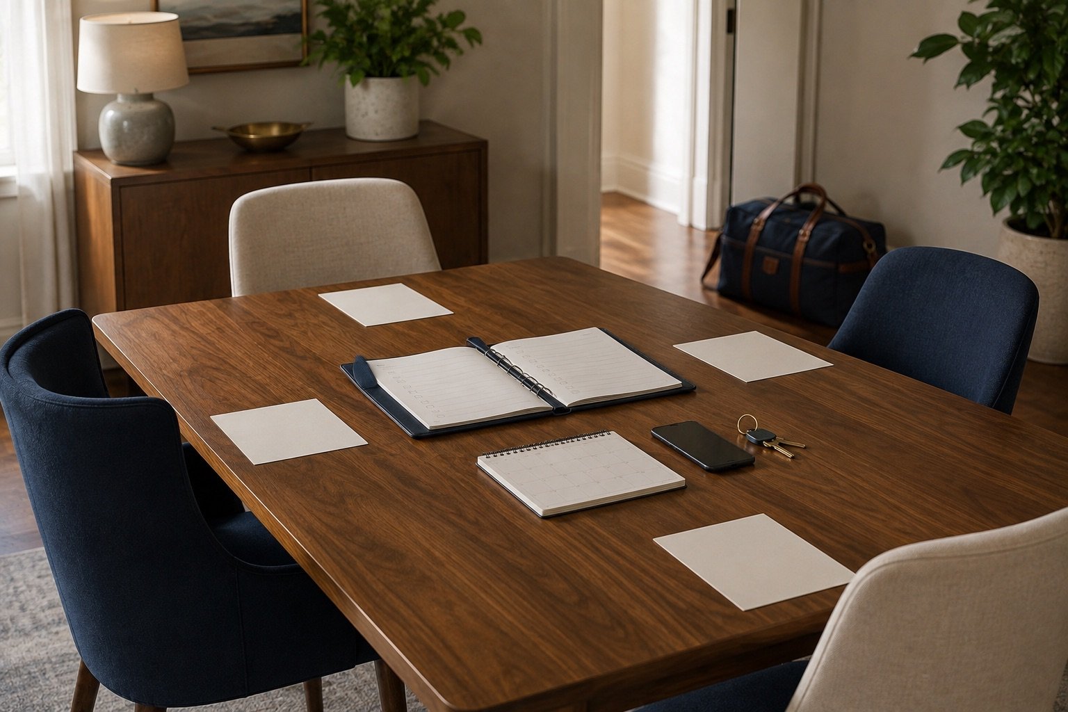 A family meeting table prepared with participant notes, a planning checklist, calendar, phone, keys, and a travel bag.